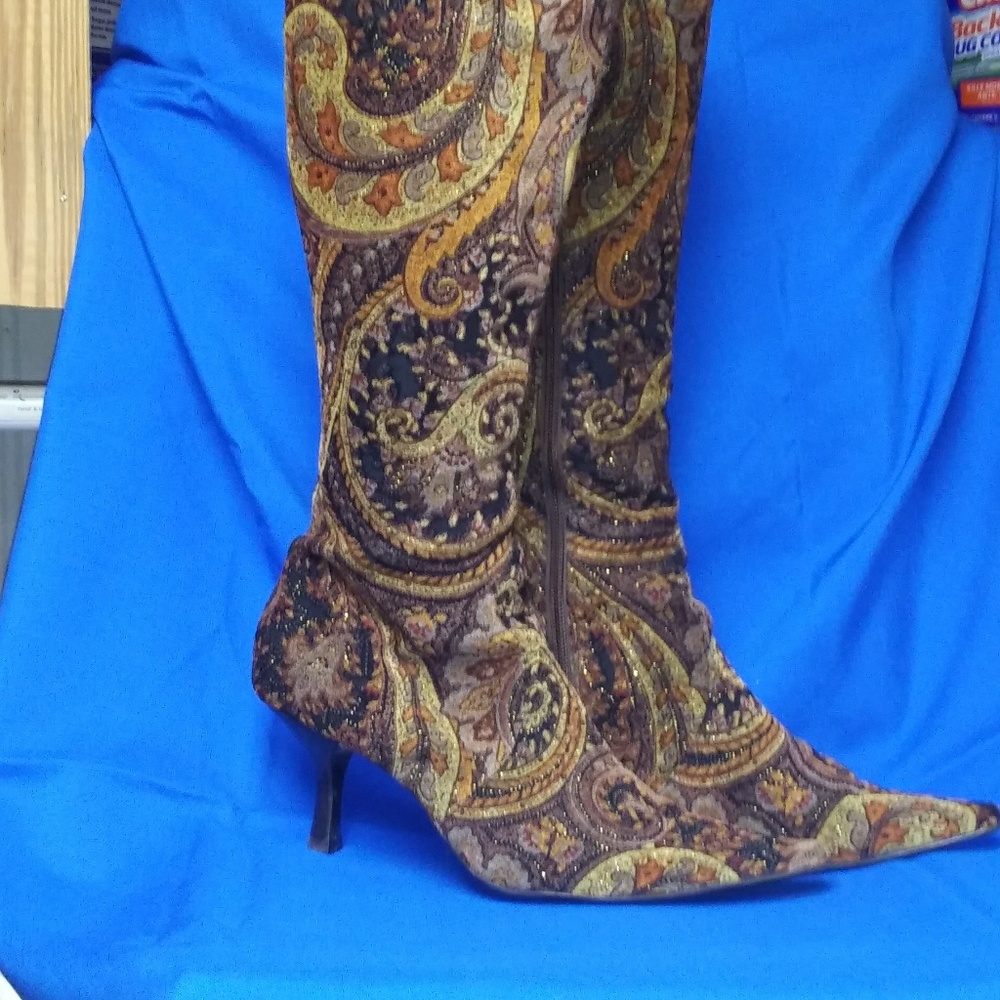 Paisley patterned knee high boots